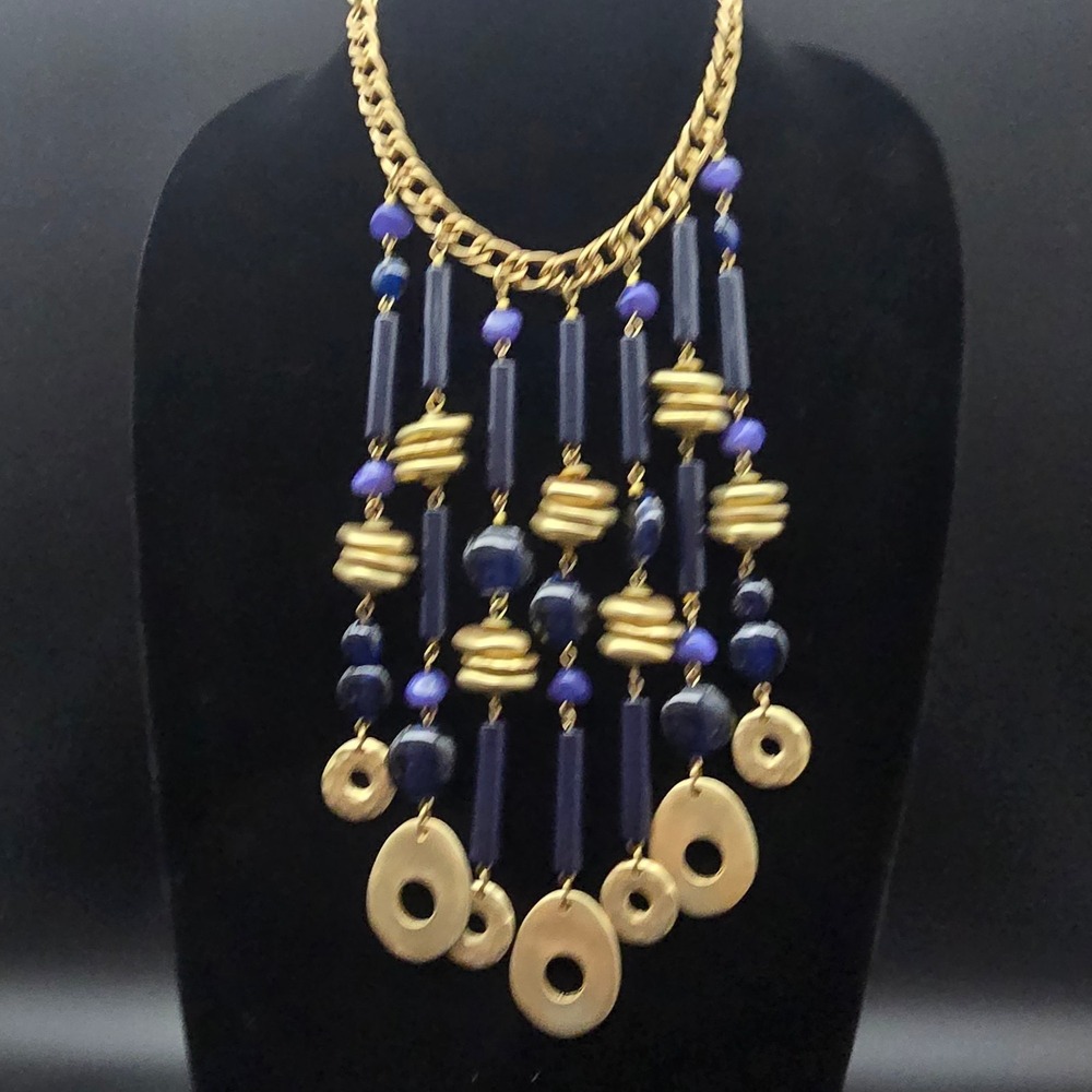 Chico's Blue Gold Tone Tassel Necklace Statement NWT